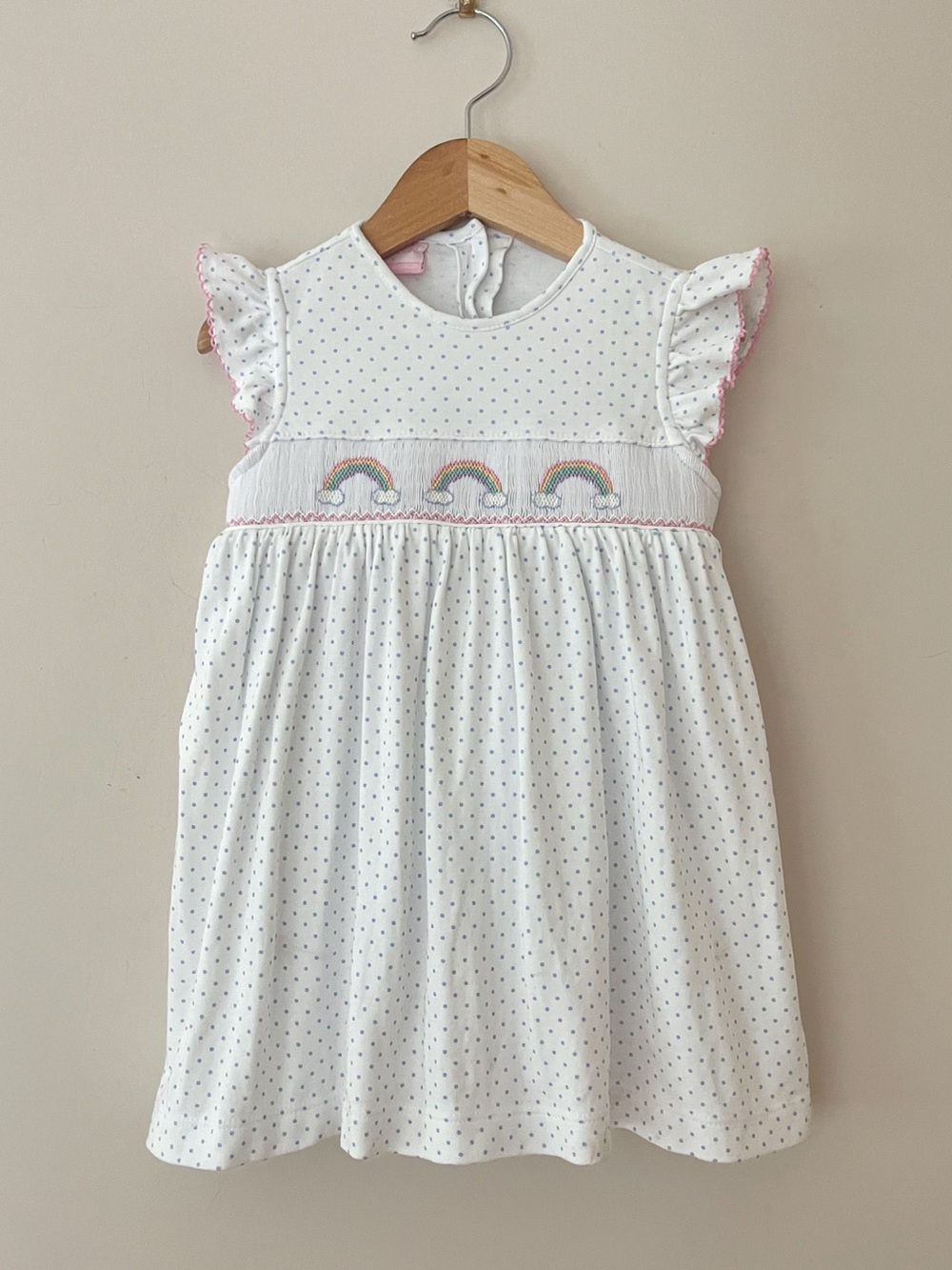 PETIT BEBE EUC Hand Smocked Rainbow Polka Dot Flutter Sleeve Knit Dress